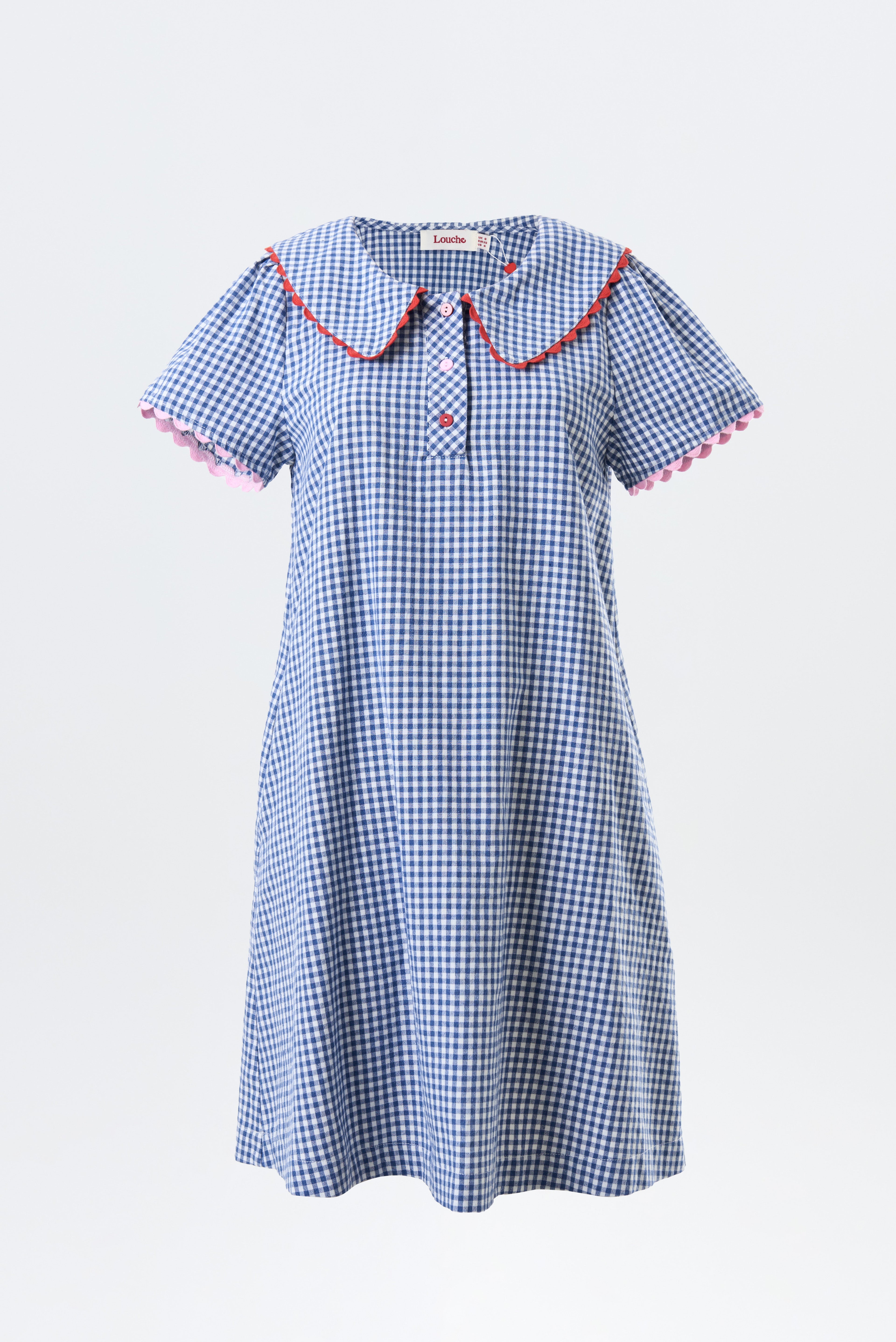 Dot Gingham Ric Rac Trim Statement Collar Mini Dress - Blue