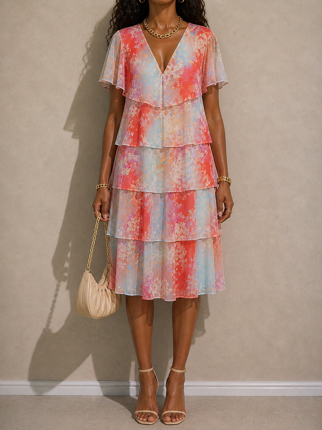 Pastel Teal & Peach Layered Midi Dress