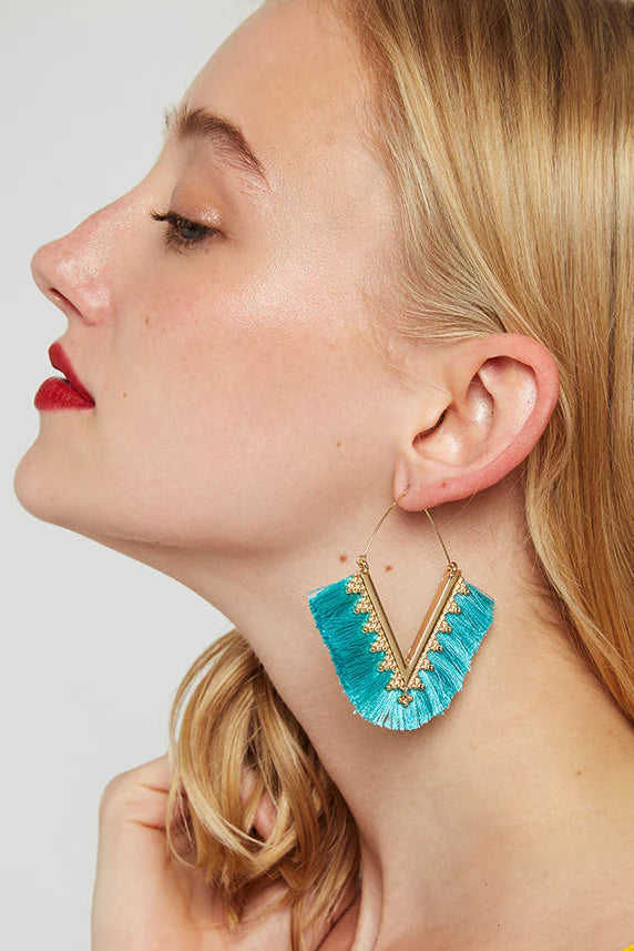 Edna V-Shape Silk Tassel Hoop Earrings - Turquoise