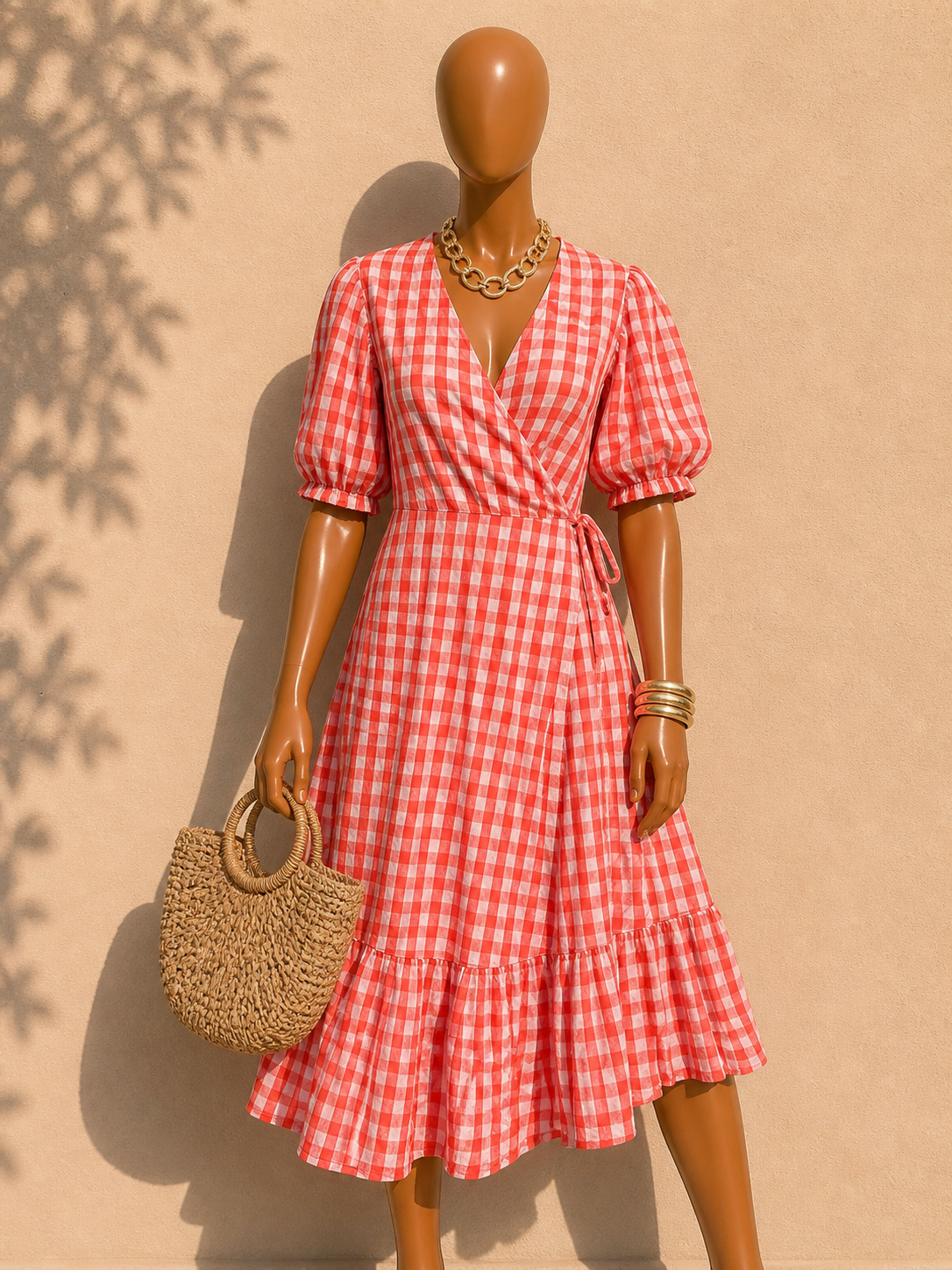 Pink Gingham Wrap Midi Dress