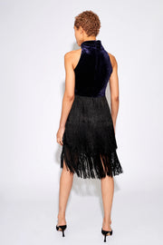 Karene Fringe Skirt Velvet Mini Dress in Navy