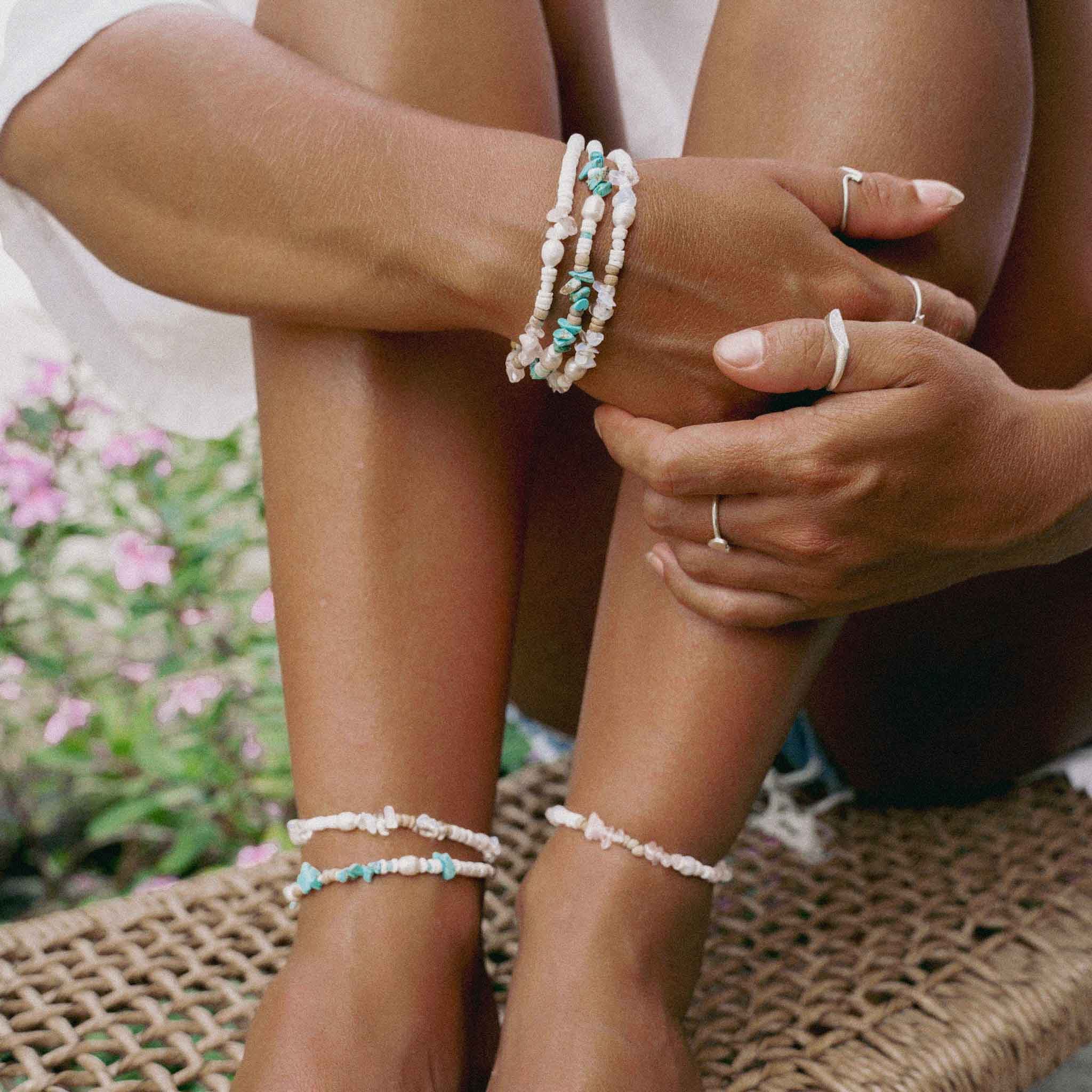 Love is Here Natural Stone, Pearl & Shell Anklet Set