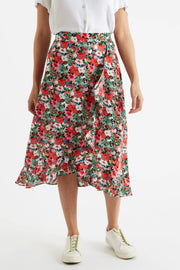 Louche Mara Flower Splash Print Ruffle Hem Wrap Midi Skirt