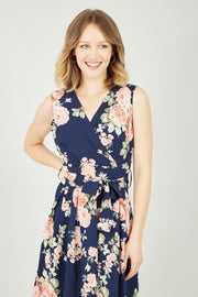 Mela Navy Rose Printed Wrap Over Sleeveless Skater Dress