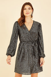 Mela Black Sequin Belted Wrap Long Sleeve Dress