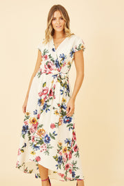 Yumi Ivory Floral Wrap Dip Hem Dress