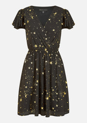 Mela Black Foil Star Print Wrap Skater Dress