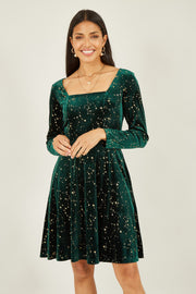 Mela Green Star Foil Print Long Sleeve Skater Dress