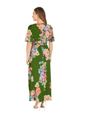 Mela Green Floral Ruched Waist Maxi Dress With Split Hemline
