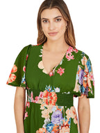 Mela Green Floral Ruched Waist Maxi Dress With Split Hemline