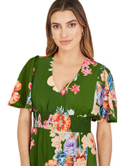 Mela Green Floral Ruched Waist Maxi Dress With Split Hemline