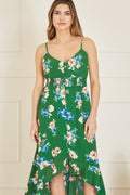 Mela Green Floral High Low Frill Midi Dress