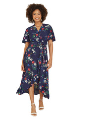 Mela Navy Floral Wrap Dress With Frill Hem