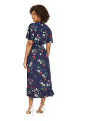 Mela Navy Floral Wrap Dress With Frill Hem