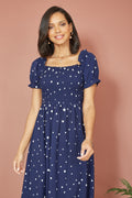 Yumi Navy Spot And Floral Print Border Ruched Midi Dress