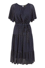 Yumi Navy Dot Print Mesh Stretch Midi Skater Dress