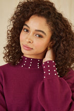 Yumi Plum Pearl Detail Knitted Relaxed Jumper Dress