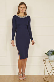 Yumi Navy Pearl Neckline Fitted Midi Knitted Dress