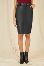 Yumi Black Faux Leather Midi Pencil Skirt With Matching Belt