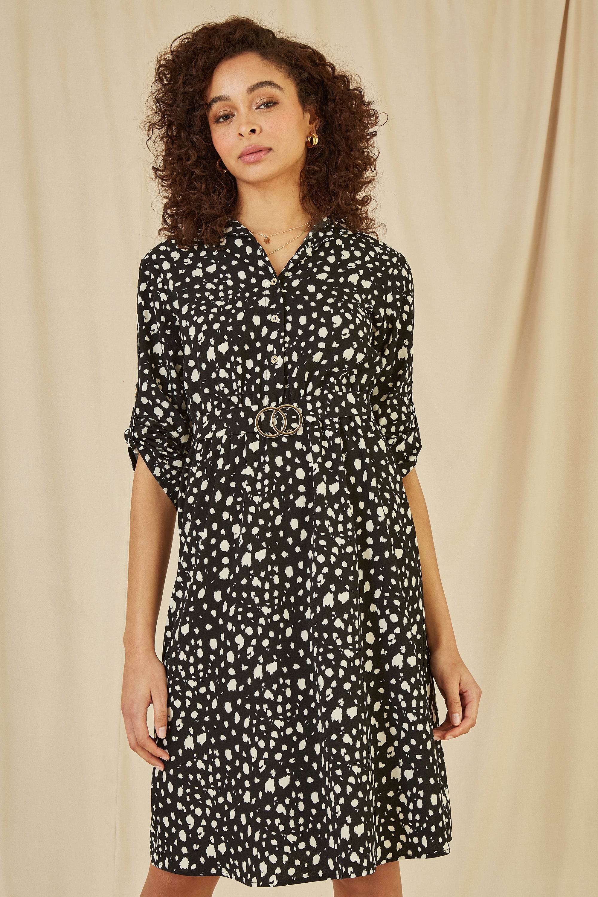 Mela Black Dash Print Skater Dress With Buckle