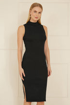 Yumi Black Metallic Fitted High Neck Midi Dress