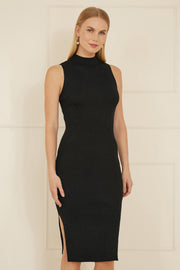 Yumi Black Metallic Fitted High Neck Midi Dress