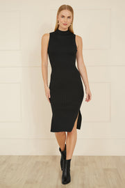 Yumi Black Metallic Fitted High Neck Midi Dress