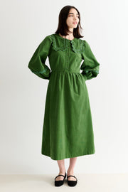 Prudence Babycord Big Collar Ric Rac Trim Midi Dress - Olive