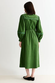 Prudence Babycord Big Collar Ric Rac Trim Midi Dress - Olive
