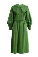 Prudence Babycord Big Collar Ric Rac Trim Midi Dress - Olive