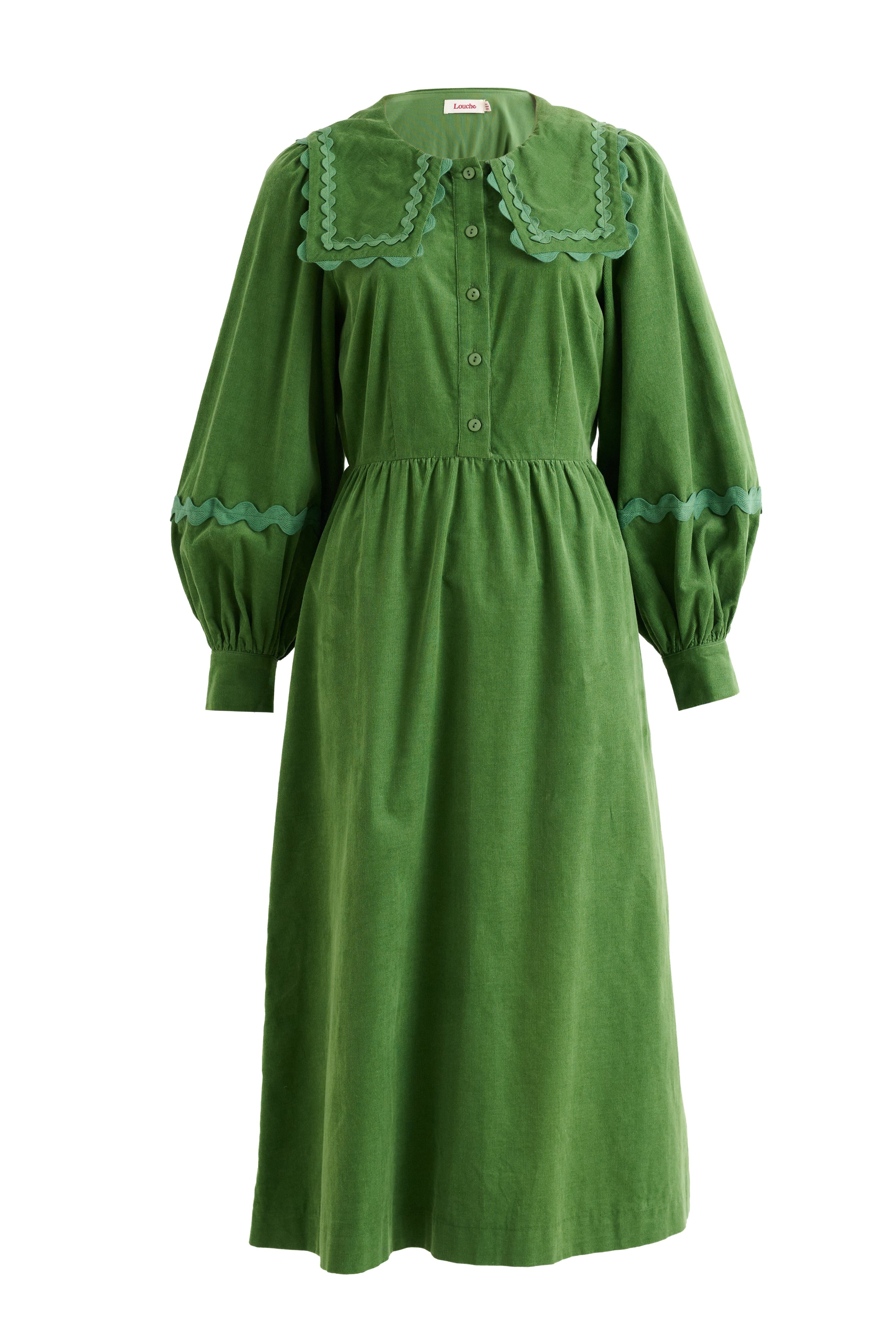 Prudence Babycord Big Collar Ric Rac Trim Midi Dress - Olive