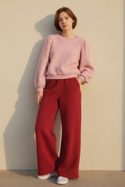 Flory Scallop Quilt Wide Leg Trouser - Wine Red