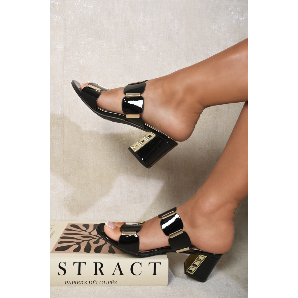 Square Stud Two Strap Block High Heels