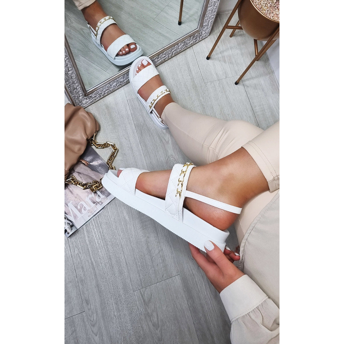 Sandals with Quilted and Chain Detail