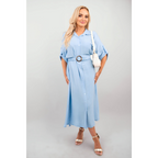 Belted Button Down Roll Tab Sleeve Midi Dress