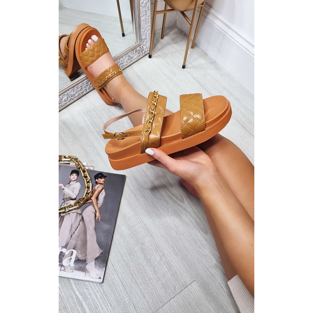 Sandals with Quilted and Chain Detail