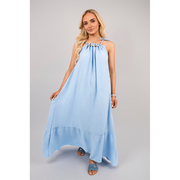 Sleeveless Beaded Halter Neck Maxi Dress with Tiered Hem