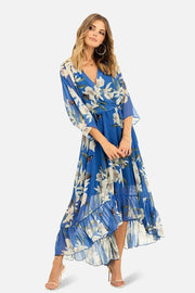 Yumi Blue Floral Kimono Sleeves Dip Hem Wrap Midi Dress