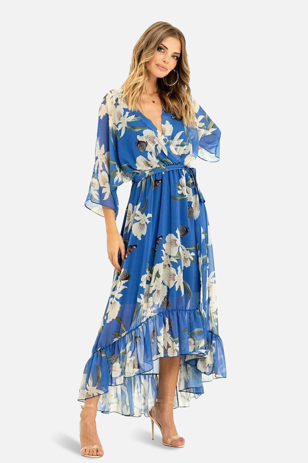 Yumi Blue Floral Kimono Sleeves Dip Hem Wrap Midi Dress