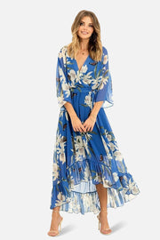 Yumi Blue Floral Kimono Sleeves Dip Hem Wrap Midi Dress