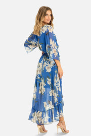 Yumi Blue Floral Kimono Sleeves Dip Hem Wrap Midi Dress