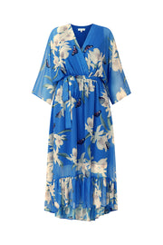 Yumi Blue Floral Kimono Sleeves Dip Hem Wrap Midi Dress