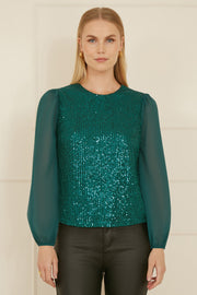 Yumi Green Sequin Top With Sheer Sleeves