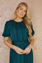 Yumi Green Satin Striped Midi Dress With Pleats and Matching Belt