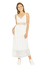 Yumi White Lace Midi Sundress With Tassel Tie and Ruched Back