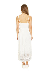 Yumi White Lace Midi Sundress With Tassel Tie and Ruched Back