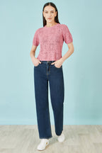 Yumi Pink Cotton Crochet Knitted Top