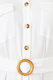 Yumi White Viscose Linen Look Midi Shirt Dress With Wooden Belt
