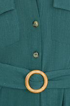 Yumi Green Viscose Linen Look Midi Shirt Dress With Wooden Belt