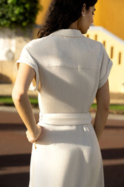 Yumi Stone Viscose Linen Look Midi Shirt Dress With Wooden Belt